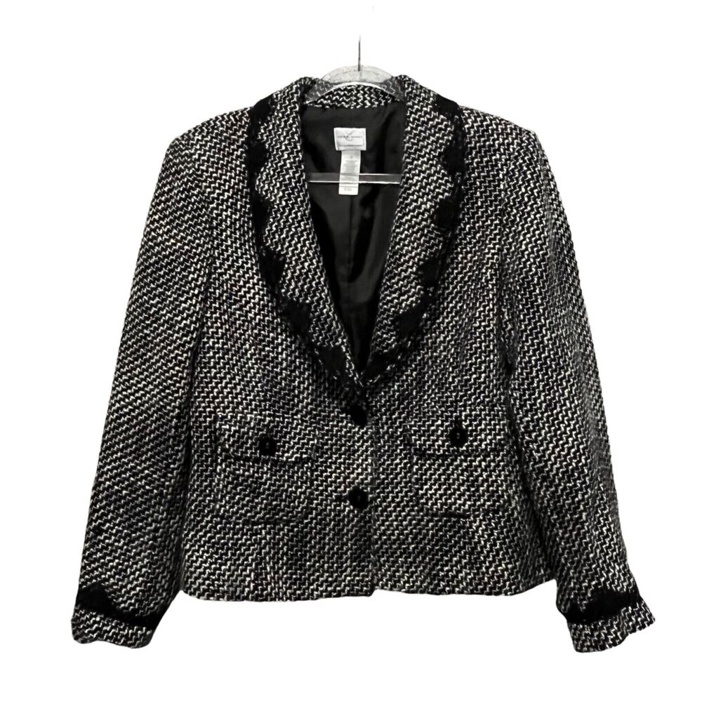 Emma James Blazer Old Money Tweed Preppy Jacket Black White Lace Trim Lined 16